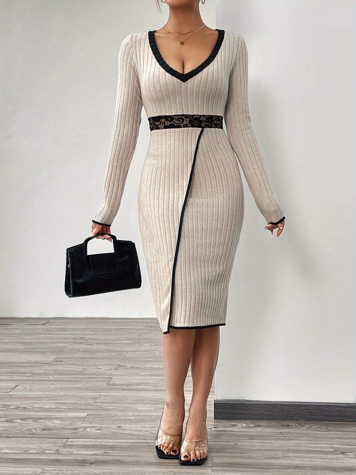 Lace Stitching V Neck Bodycon Dress, Elegant Long Sleeve Rib Knit Midi Dress, Women's Clothing