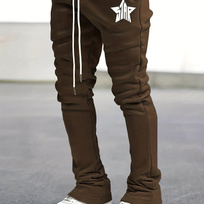 Star Pattern Comfy Flared Trousers, Men's Casual Stretch Waist Drawstring Joggers For All Seasons Band Performance Fitness