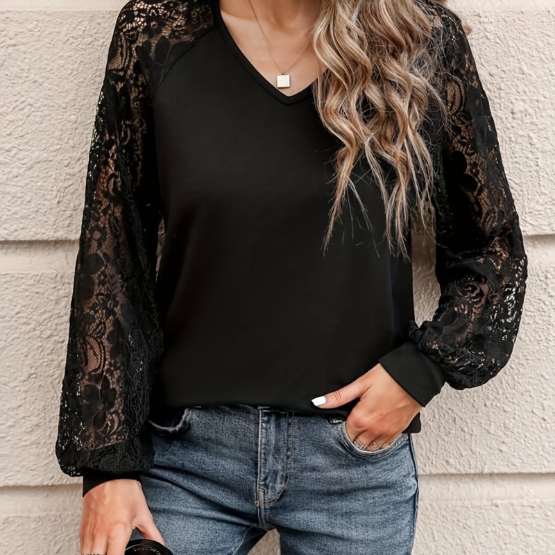 Contrast Lace V Neck T-shirt, Elegant Long Sleeve Top For Spring & Fall, Women's Clothing