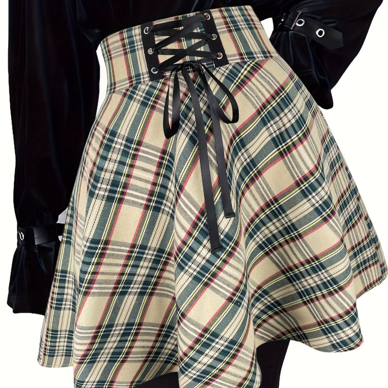 Plaid Print Lace Up Skirt, Vintage High Waist Ruffle Hem Mini Skirt, Women's Clothing