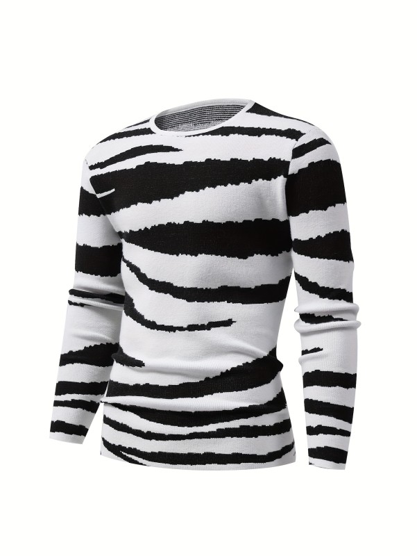 Zebra Pattern Knitted Sweater, Men's Casual Warm High Stretch Crew Neck Pullover Sweater For Men Fall Winter