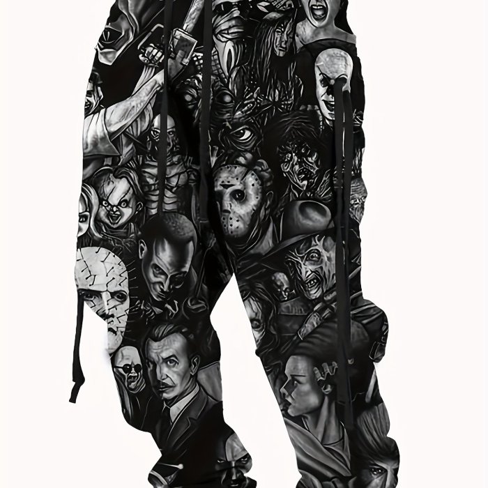 Halloween Skull Pattern Print, Men's Drawstring Sweatpants, Casual Comfy Jogger Pants, Men's Clothing