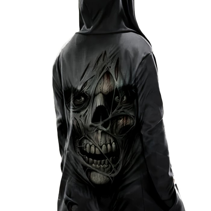 Vintage Skull 3D Print, Plus Size Men's Fleece Hooded Jacket, Casual Thermal Jacket