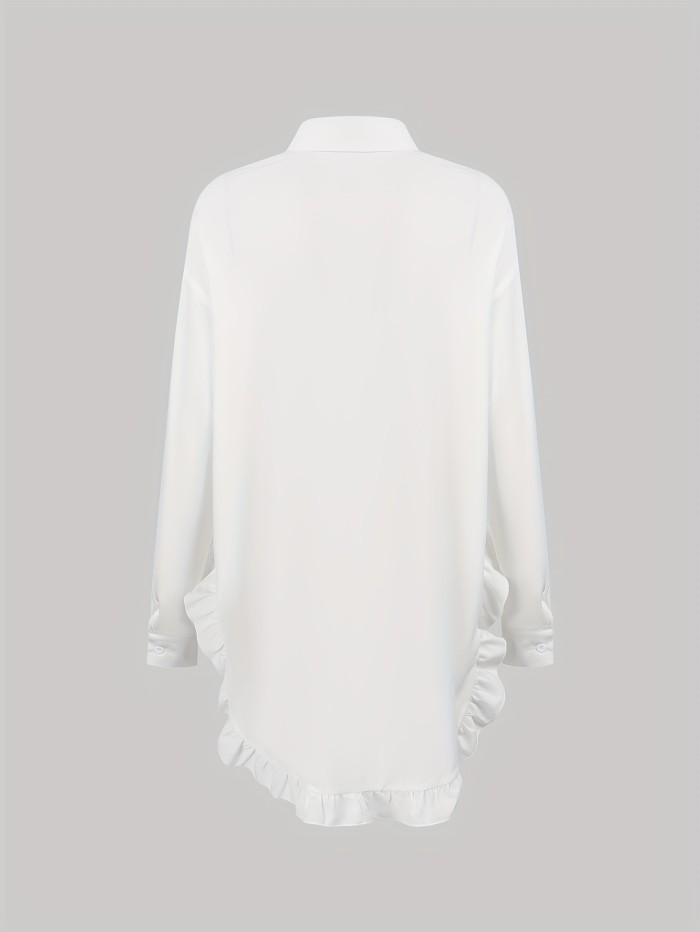 Ruffle Hem Button Front Blouse, Stylish Long Sleeve Blouse For Spring & Fall, Women's Clothing