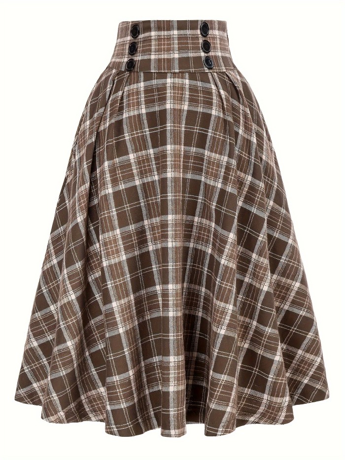 Plaid Print High Waist Button Skirt, Elegant A Line Flare Midi Skirt, Women's Clothing
