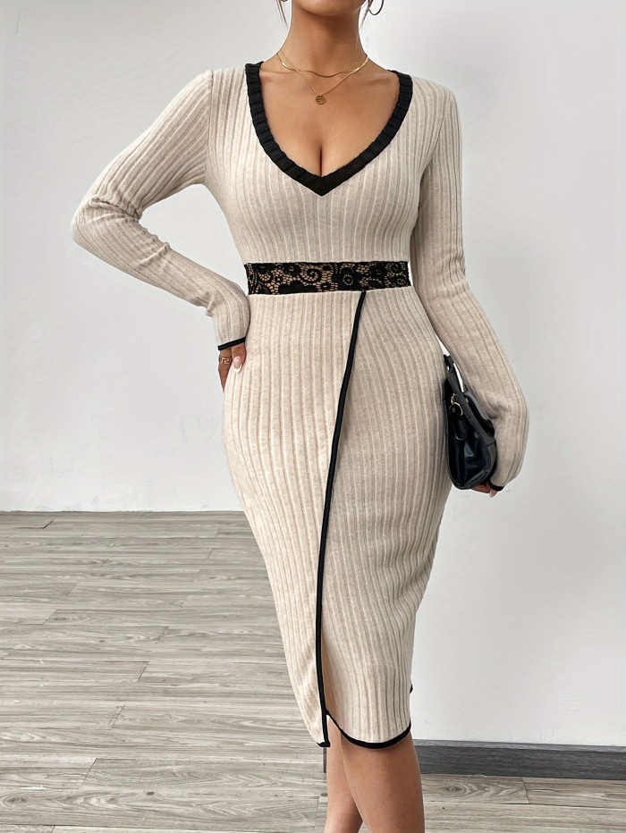 Lace Stitching V Neck Bodycon Dress, Elegant Long Sleeve Rib Knit Midi Dress, Women's Clothing