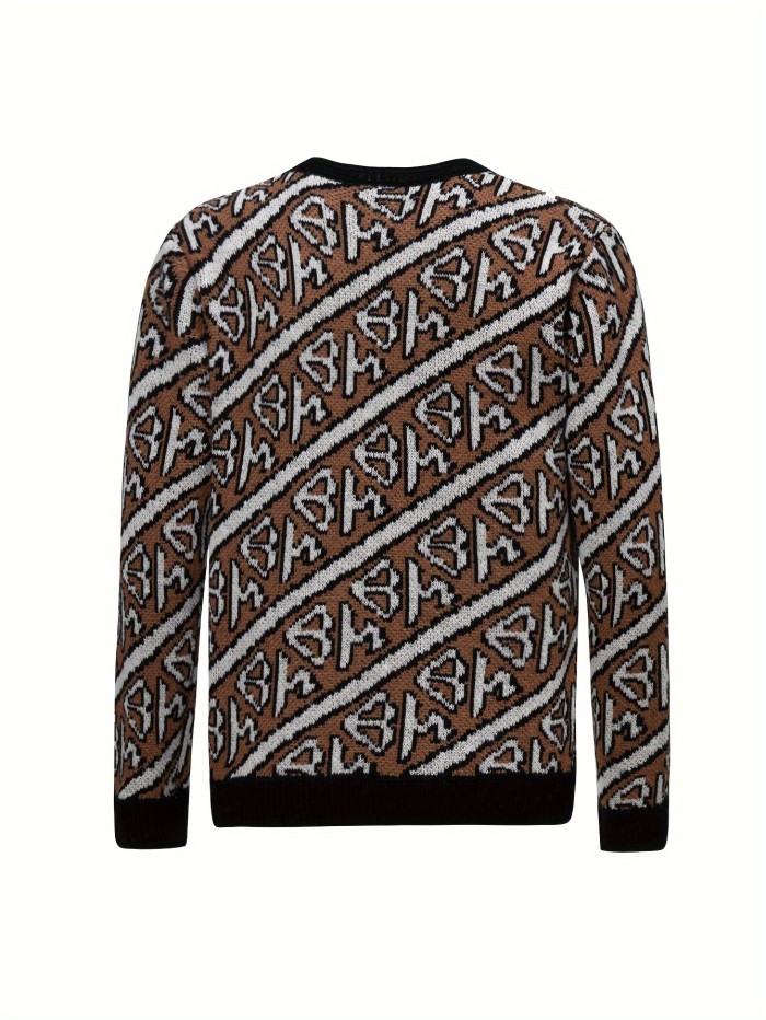 Trendy Geometric Pattern Knitted Sweater, Men's Casual Warm Slightly Stretch Crew Neck Pullover Sweater For Men Fall Winter