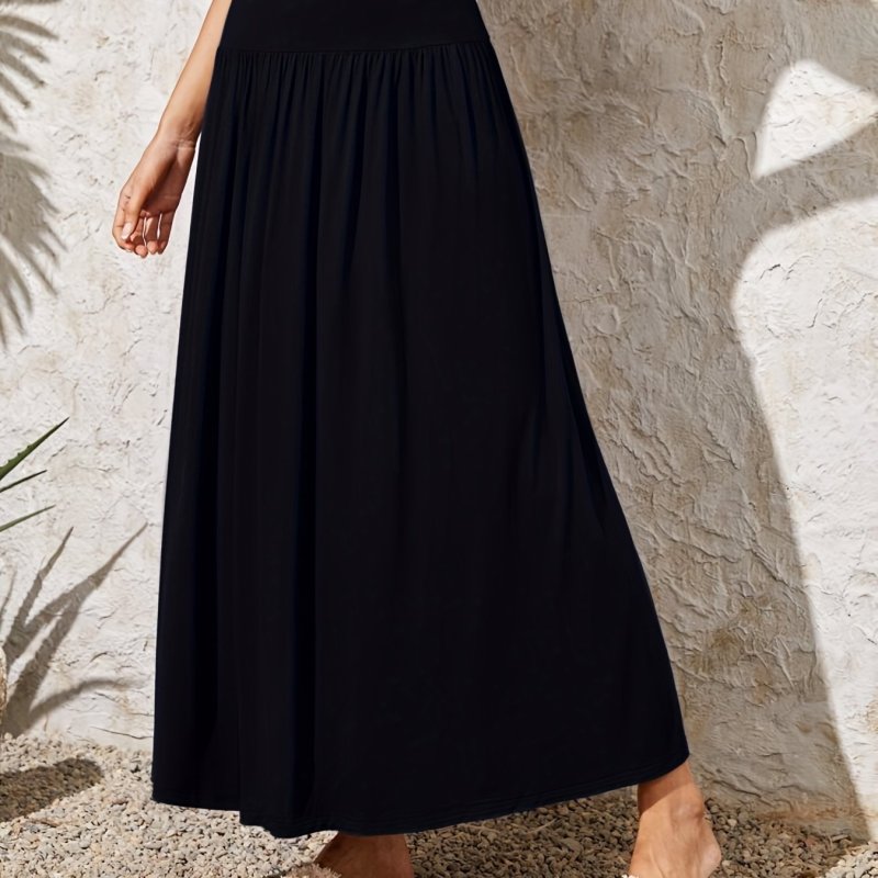 Solid Smocked Maxi Simple Skirt, Versatile High Waist Skirt For Spring & Fall, Women's Clothing