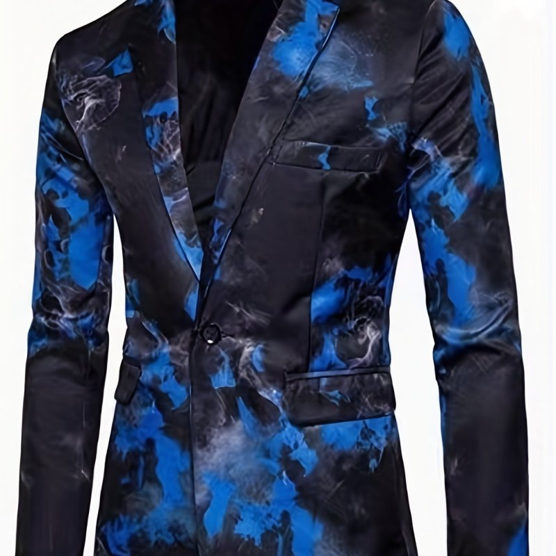 Plus Size Mens Blue Floral Pattern Single Button Lapel Blazer Jacket, Loose Oversized Suit Coat Casual Business