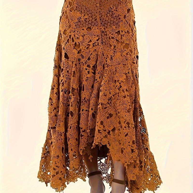 Solid Color Contrast Lace Skirt, Casual Cut Out Loose Long Skirt For Every Day, Women's Clothing