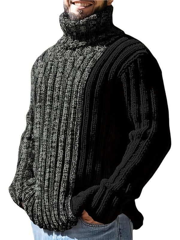 Turtleneck Knitted Sweater, Men's Casual Warm Color Block Mid Stretch Pullover Sweater For Fall Winter