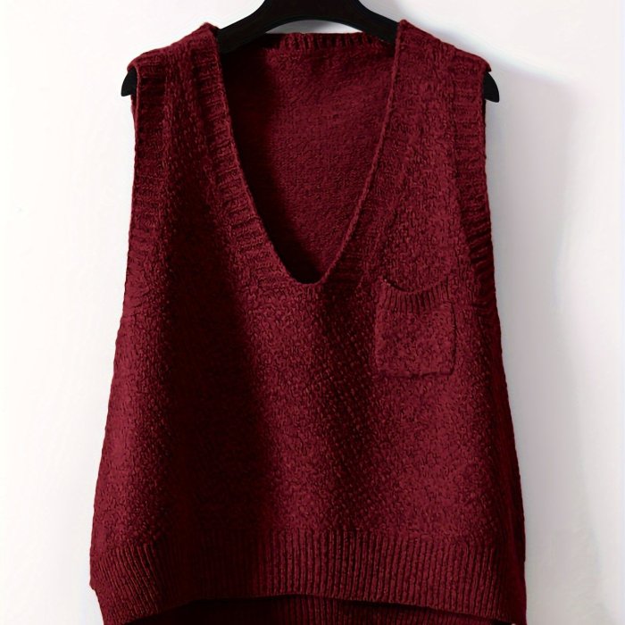 Solid V-neck Sweater Vest, Casual Sweater Vest For Fall & Winter, Women's Clothing