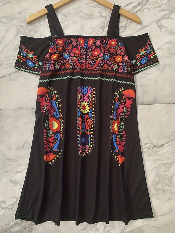 Tribal Print Cold Shoulder Dress, Casual Short Sleeve Lace Trim V Neck Dress, Women's Clothing