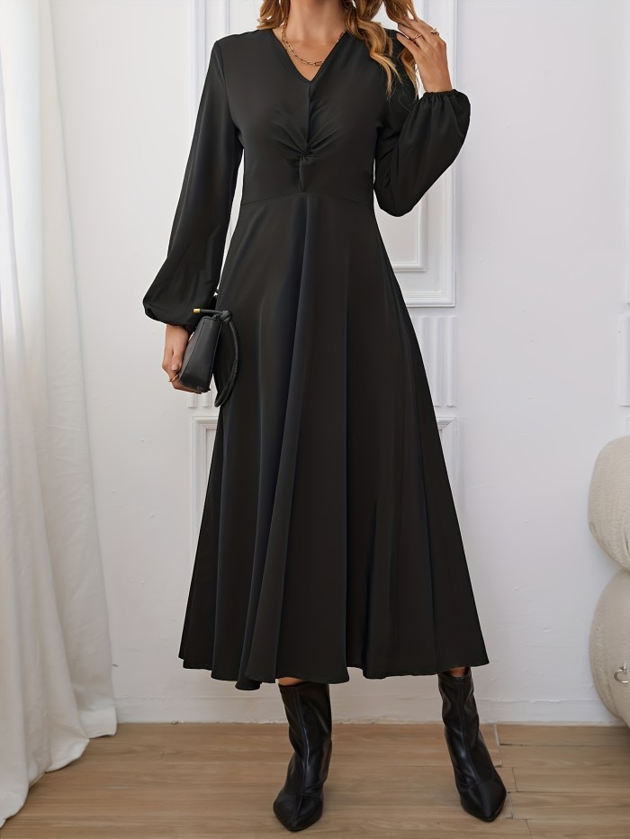 Twist Front V Neck A-line Dress, Elegant Solid Lantern Sleeve Midi Dress, Women's Clothing