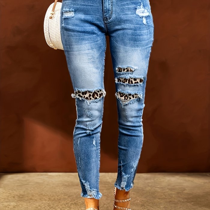 Blue Raw Hem Straight Jeans, Leopard Print Patchwork Ripped Holes Slight-Stretch Denim Pants, Women's Denim Jeans & Clothing