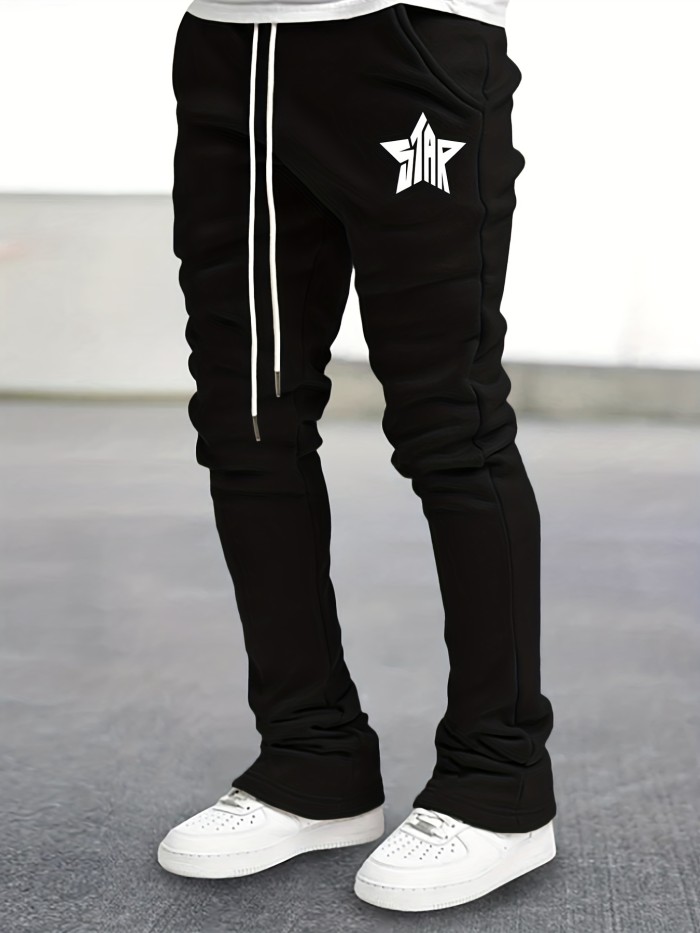 Star Pattern Comfy Flared Trousers, Men's Casual Stretch Waist Drawstring Joggers For All Seasons Band Performance Fitness