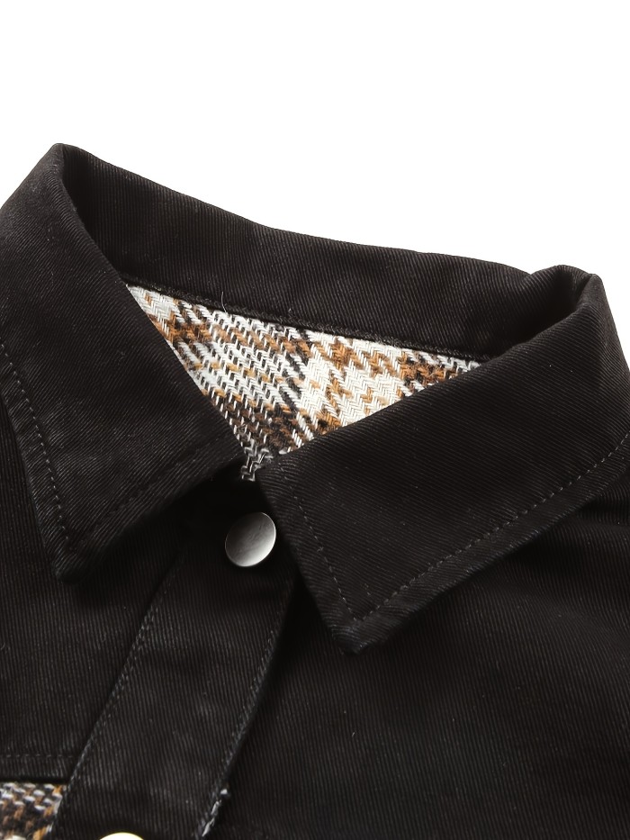 Plaid Pattern Patchwork Denim Jacket, Flap Pocket Lapel Neck Loose Denim Coat, Women's Denim Clothing