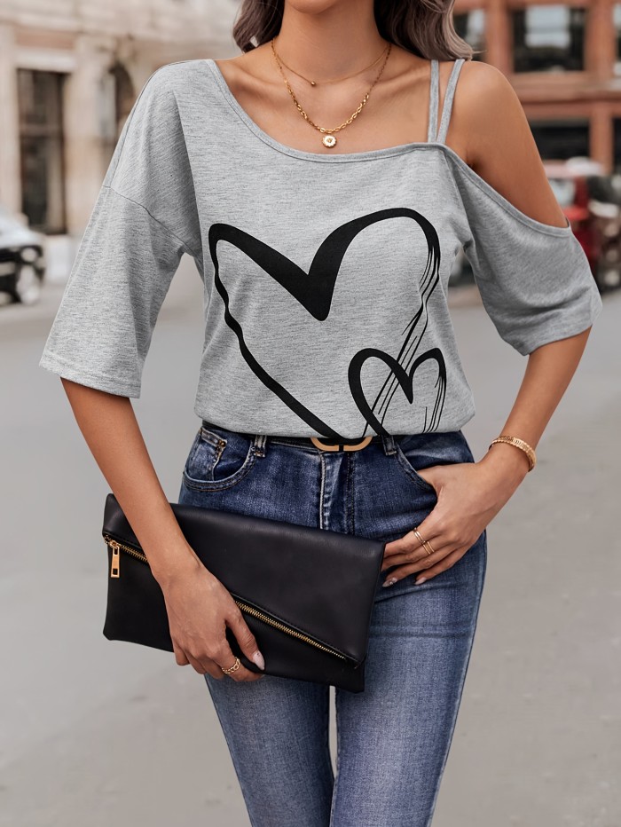 Heart Print One Shoulder T-shirt, Casual Short Sleeve Top For Spring & Summer, Women's Clothing