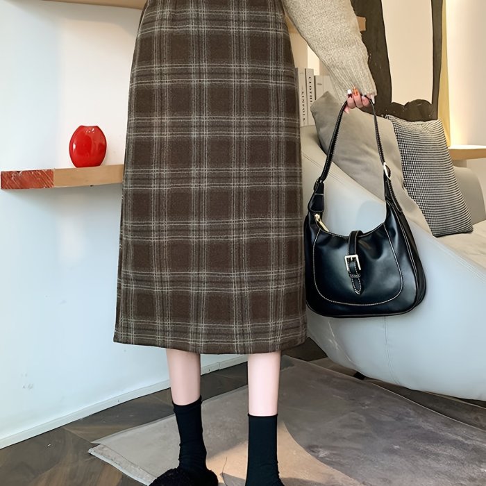 Plaid Print High Waist Wool Skirt, Casual Split Midi Skirt For Fall & Winter, Women's Clothing