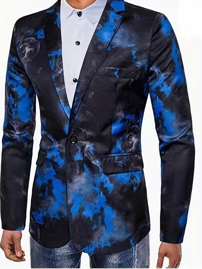 Plus Size Mens Blue Floral Pattern Single Button Lapel Blazer Jacket, Loose Oversized Suit Coat Casual Business