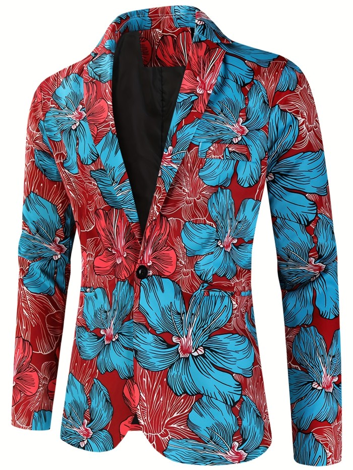 Creative Allover Print One Button Blazer, Men's Casual Flap Pocket Lapel Sports Coat For Spring Fall Party Dinner