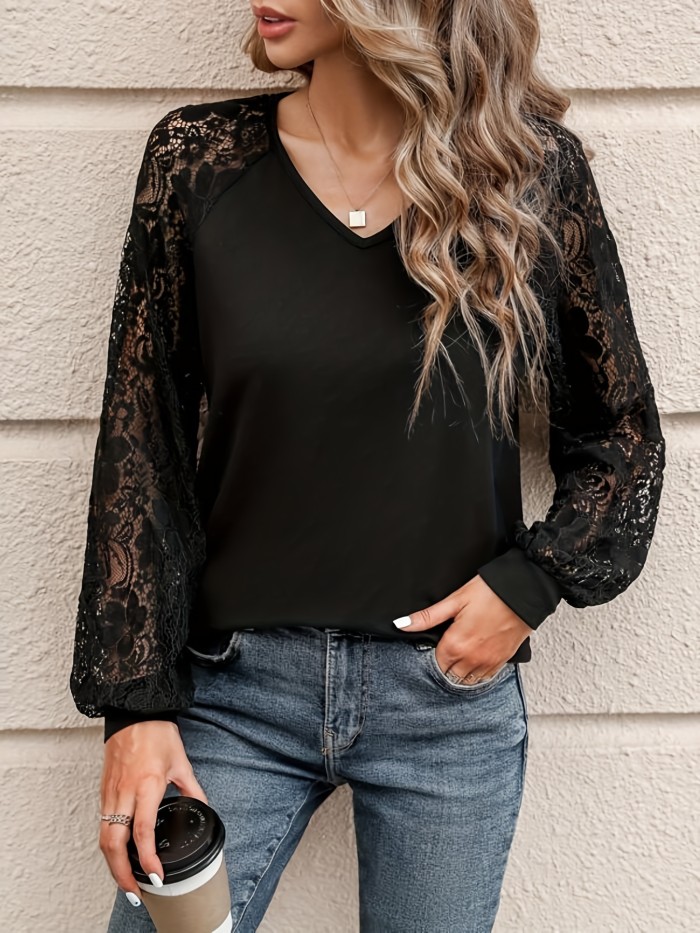 Contrast Lace V Neck T-shirt, Elegant Long Sleeve Top For Spring & Fall, Women's Clothing