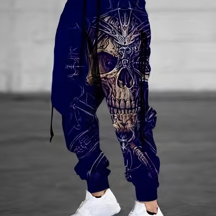 Halloween Skull Print, Men's Drawstring Sweatpants, Casual Comfy Jogger Pants, Men's Clothing