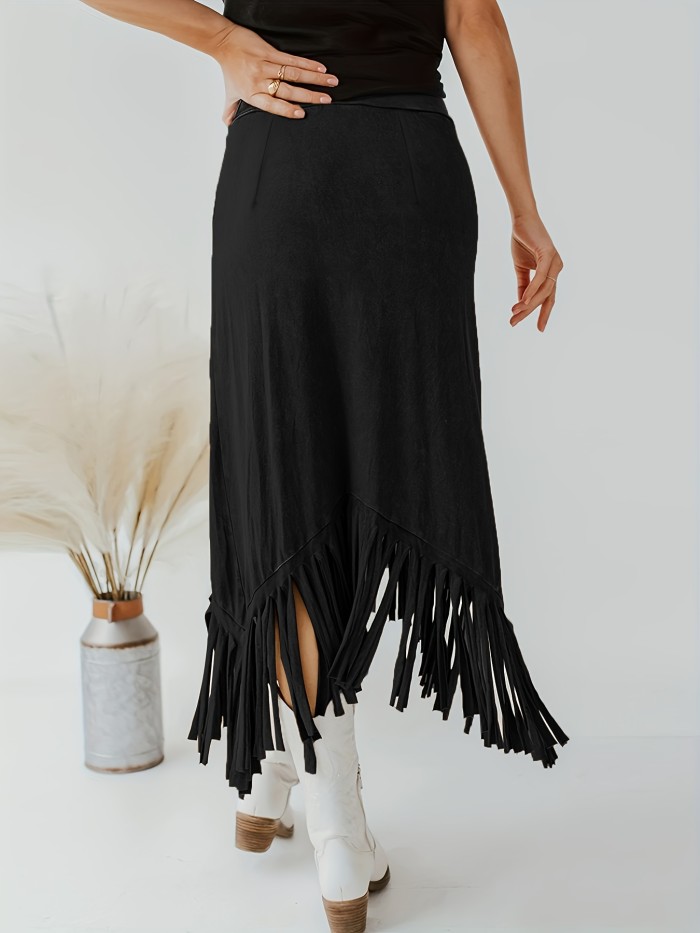 Tassel High Waist Skirts, Vintage Solid Midi Skirts For Spring & Fall, Women's Clothing