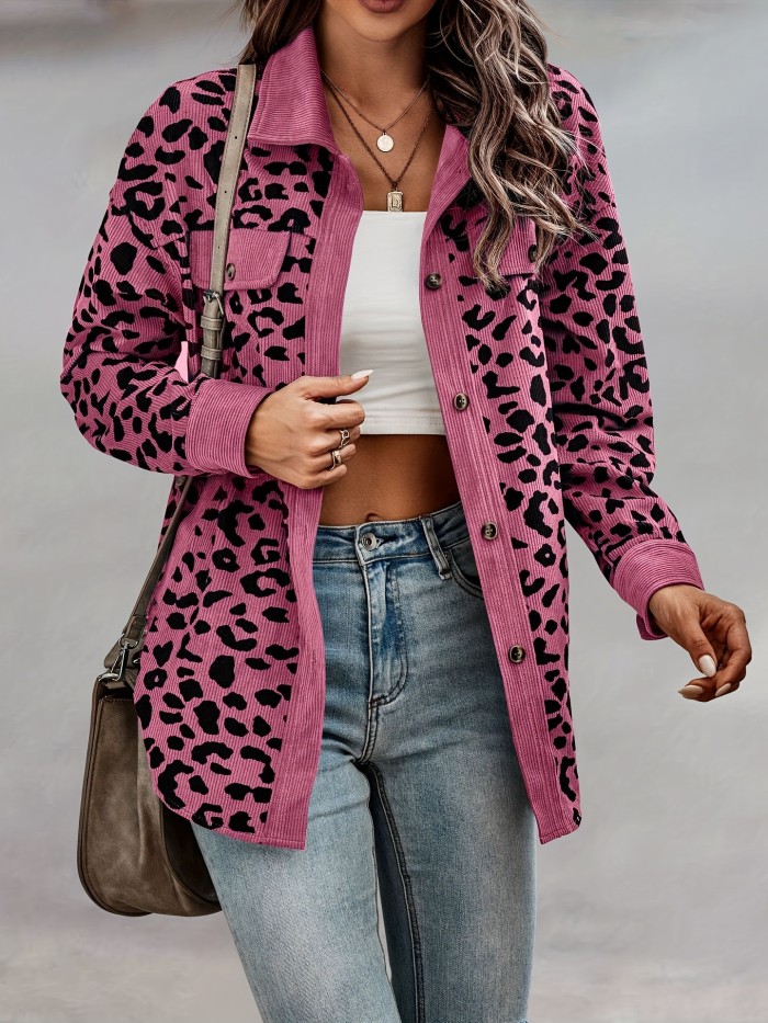 Leopard Print Shacket Jacket, Casual Button Front Turn Down Collar Long Sleeve Outerwear, Women's Clothing