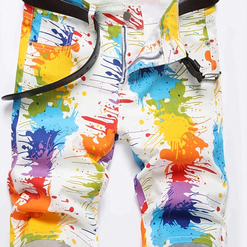 Men's Cotton Colorful Printed Zipper Up Original Creative Denim Pants With Pockets, Men's Fashion Outfits