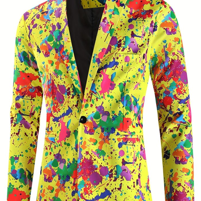 Creative Allover Print One Button Blazer, Men's Casual Flap Pocket Lapel Sports Coat For Spring Fall Party Dinner