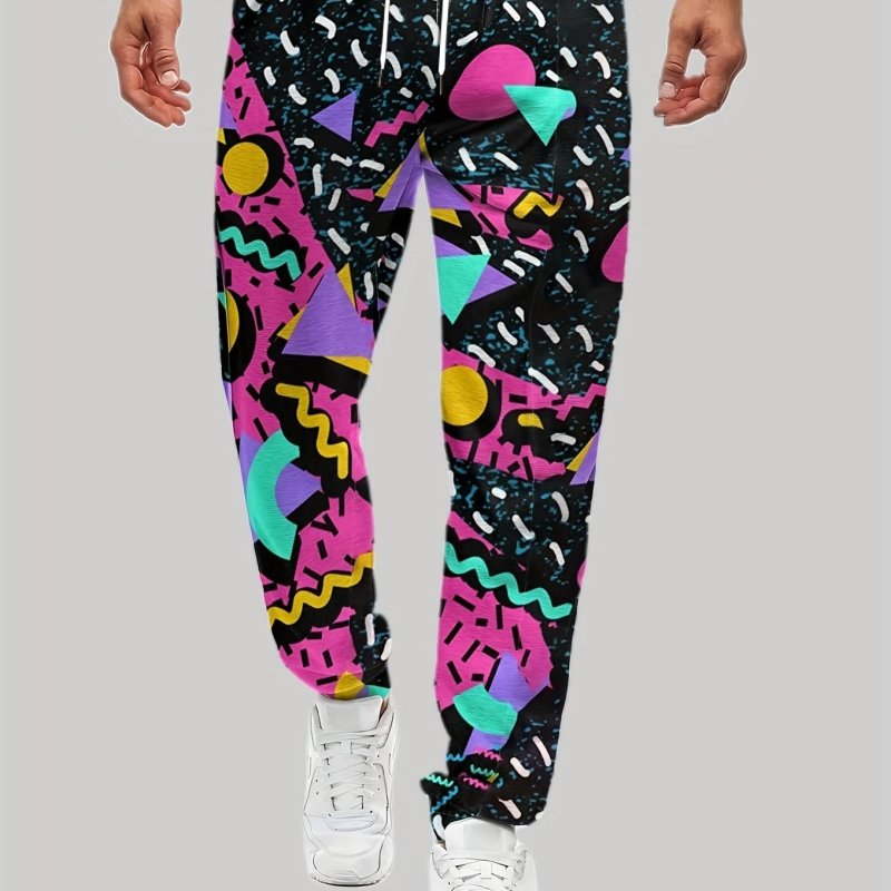 Men's Colorful Digital Geometric Print Active Pants, Contrast Color Graphic Casual Pants