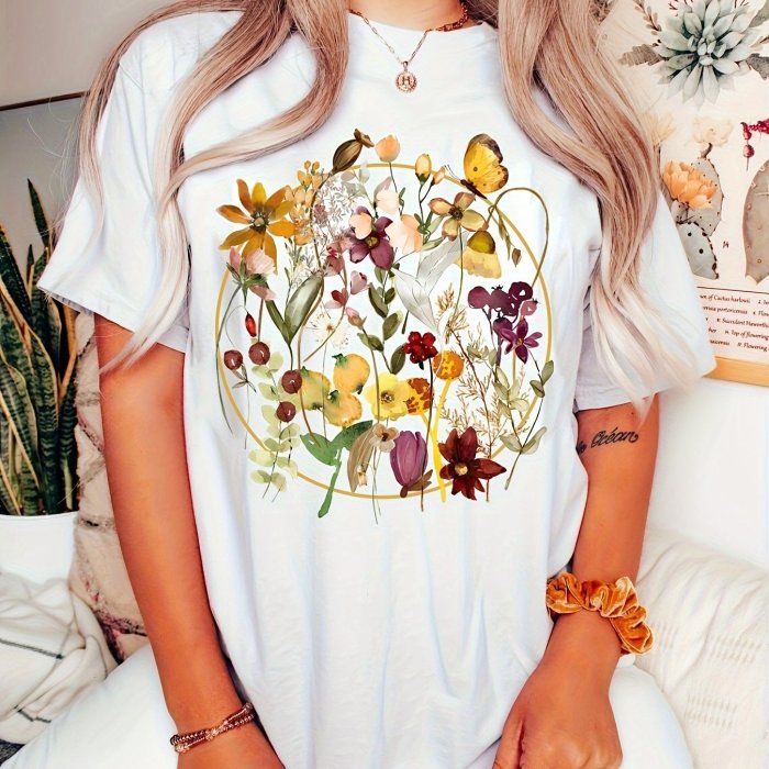 Floral Print Crew Neck T-shirt, Casual Short Sleeve Top, Women's Clothing