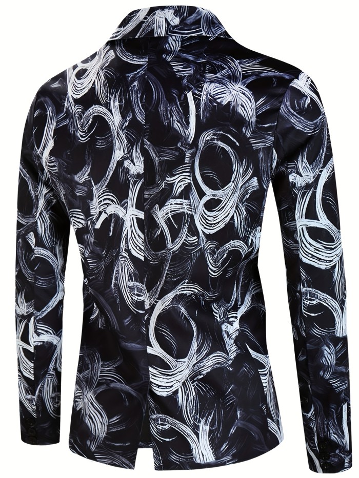 Creative Allover Print One Button Blazer, Men's Casual Flap Pocket Lapel Sports Coat For Spring Fall Party Dinner