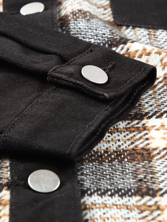 Plaid Pattern Patchwork Denim Jacket, Flap Pocket Lapel Neck Loose Denim Coat, Women's Denim Clothing