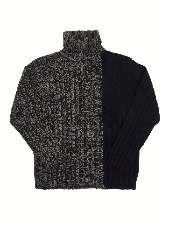 Turtleneck Knitted Sweater, Men's Casual Warm Color Block Mid Stretch Pullover Sweater For Fall Winter