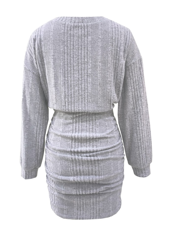 Ribbed Knit Lantern Sleeve Dress, Casual V Neck Dress For Spring & Fall, Women's Clothing