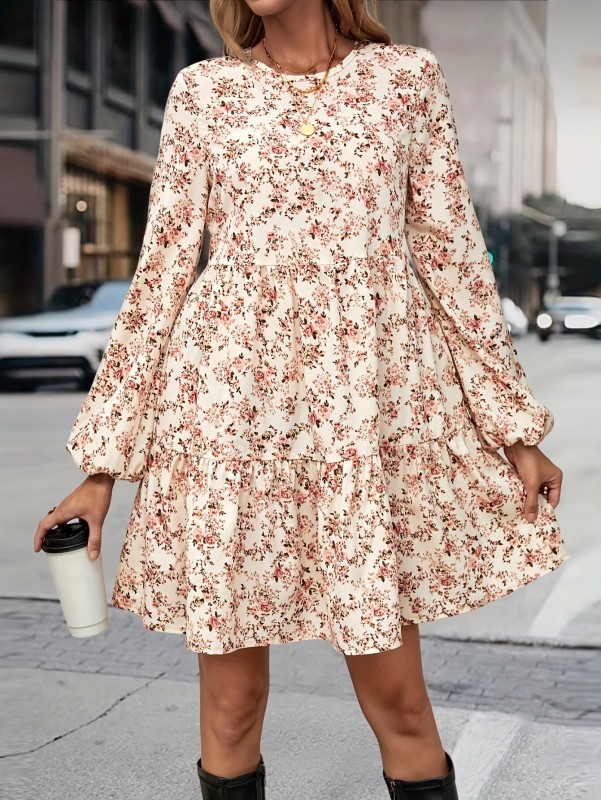 Ditsy Floral Print Ruffle Dress, Long Sleeve Crew Neck Casual Dress, Women's Clothing