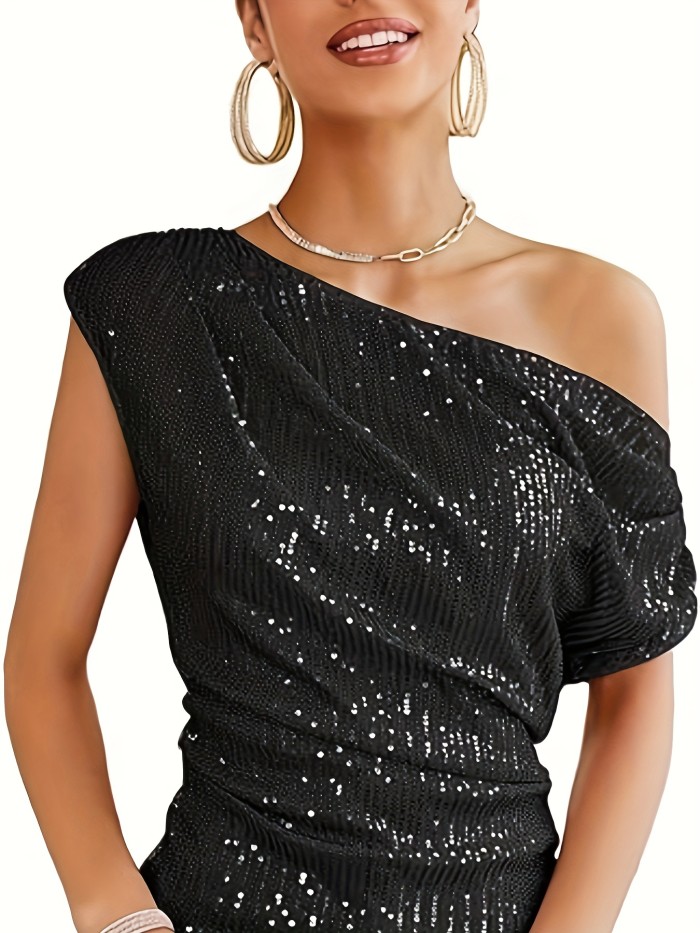 Sequin Decor Cold Shoulder T-Shirt, Casual Short Sleeve Top For Spring & Summer,  Women's Clothing