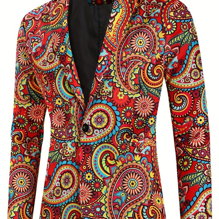 Creative Allover Print One Button Blazer, Men's Casual Flap Pocket Lapel Sports Coat For Spring Fall Party Dinner
