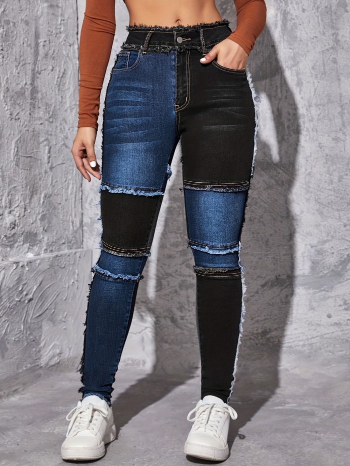 Colorblock Raw Hem Skinny Jeans, Slim Fit Slash Pockets High-Stretch Patchwork Casual Denim Pants, Women's Denim Jeans & Clothing