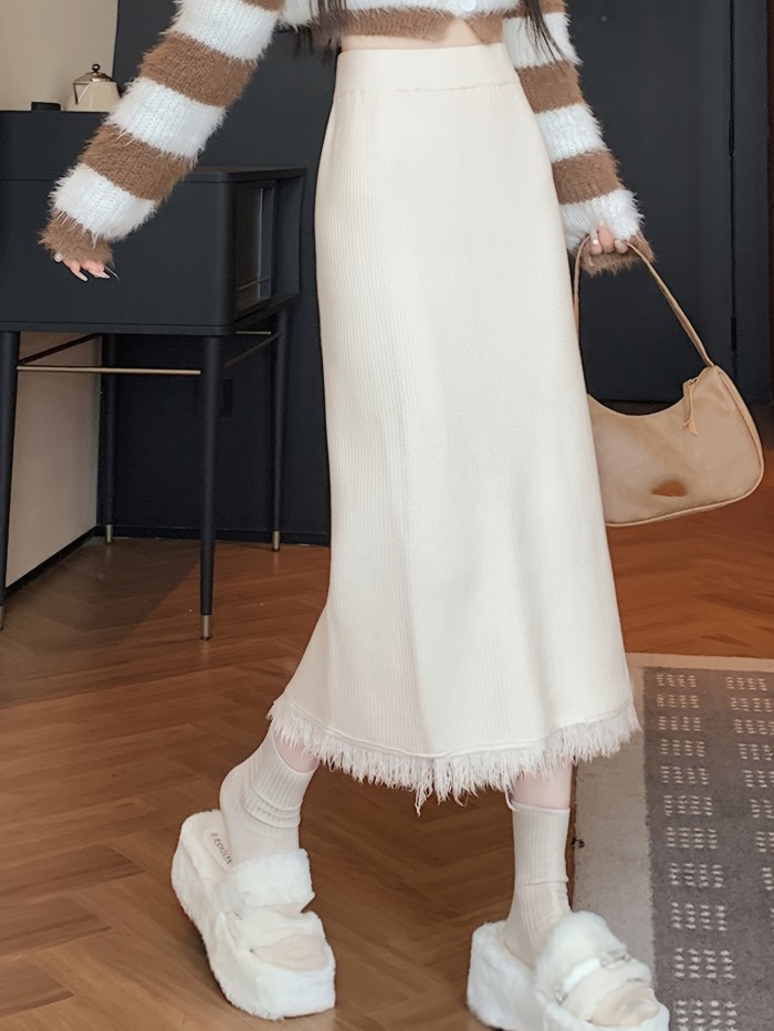 Solid Fringe Hem High Waist Skirt, Elegant Split Slim Knitted Skirt For Fall & Winter, Women's Clothing
