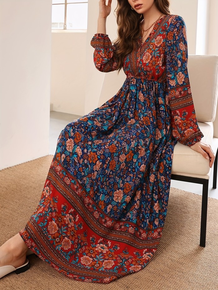 Boho Floral Print Surplice Neck Waist Dress, Long Sleeve Ruffle Maxi Dress, Women's Clothing