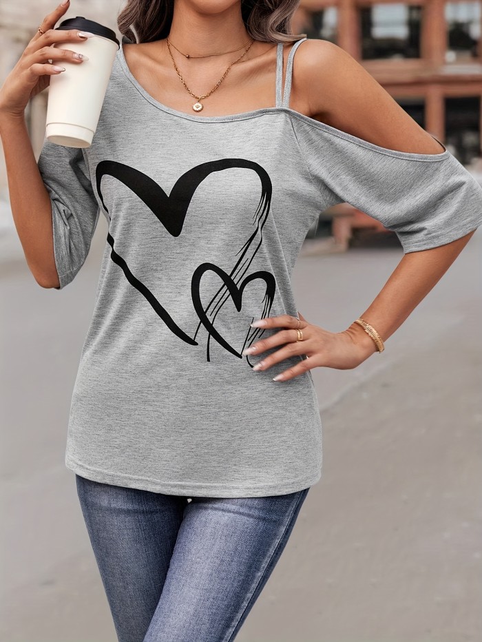 Heart Print One Shoulder T-shirt, Casual Short Sleeve Top For Spring & Summer, Women's Clothing
