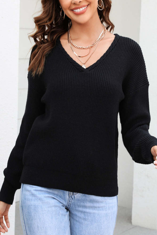 Solid Color V Neck Twist Knit Pullover Sweater