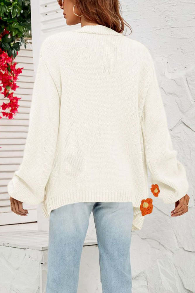 Knitted Flower Balloon Sleeve Cardigan Sweater