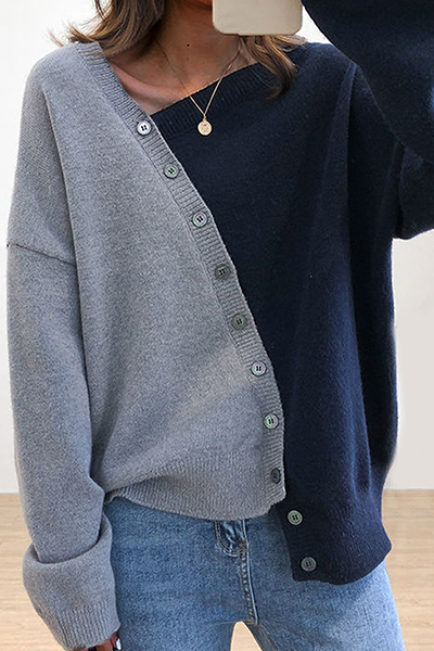 Casual Patchwork Buckle Contrast Oblique Collar Tops Sweater