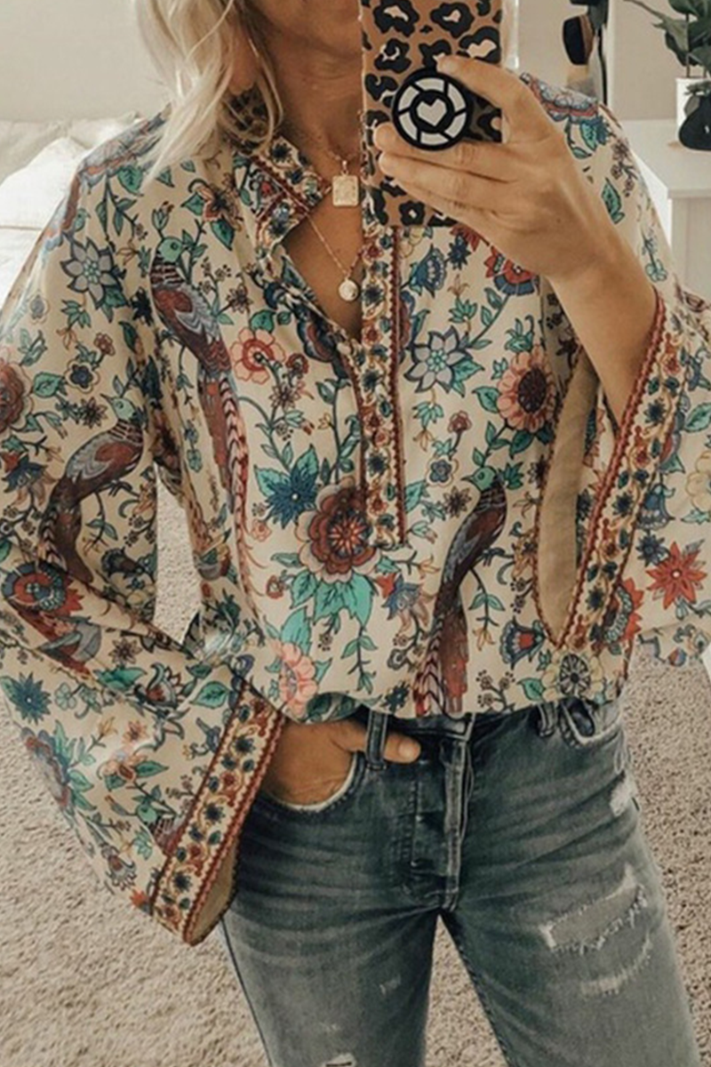 Casual Print Patchwork Ribbon Collar Blouses