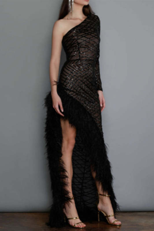 Sexy Party Solid See-through Feathers Oblique Collar Irregular Dress Dresses