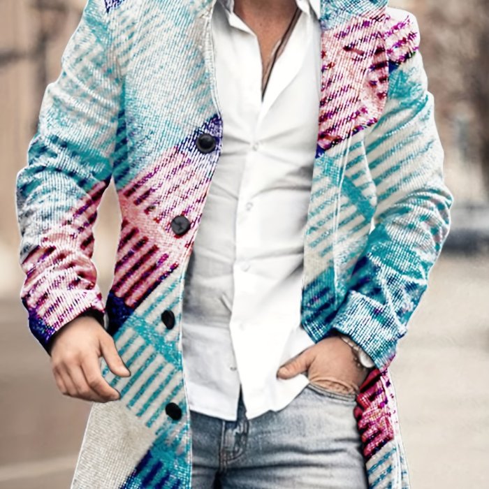 Plus Size Men's Contrast Color Stripes Print Coat, Fashion Casual Street Style Jacket For Autumn\u002Fwinter, Men's Clothing